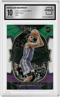 Keegan Murray from the 2022-23 Panini Select set featuring a Green/White/Purple Prizm parallel graded by Arena Club and given an overall grade of 10.