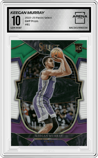 Keegan Murray from the 2022-23 Panini Select set featuring a Green/White/Purple Prizm parallel graded by Arena Club and given an overall grade of 10.