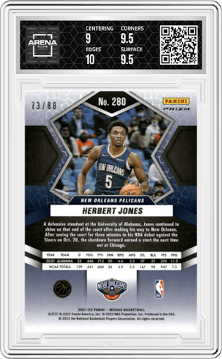 Herbert Jones from the 2021-22 Panini Mosaic  set featuring a Choice Fusion Red & Yellow parallel graded by Arena Club and given an overall grade of 9.5.