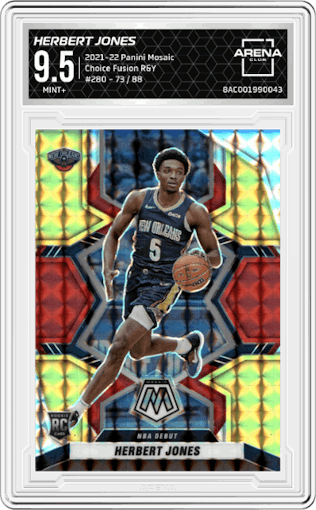 Herbert Jones from the 2021-22 Panini Mosaic  set featuring a Choice Fusion Red & Yellow parallel graded by Arena Club and given an overall grade of 9.5.