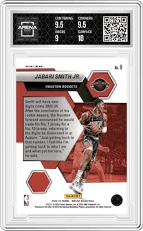 Jabari Smith Jr. from the 2022-23 Panini Mosaic set featuring a Mosaic parallel graded by Arena Club and given an overall grade of 9.5.