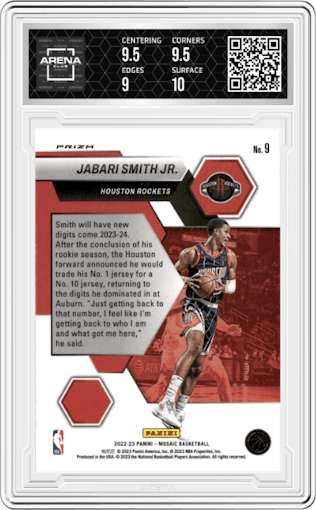 Jabari Smith Jr. from the 2022-23 Panini Mosaic set featuring a Mosaic parallel graded by Arena Club and given an overall grade of 9.5.