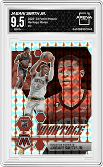 Jabari Smith Jr. from the 2022-23 Panini Mosaic set featuring a Mosaic parallel graded by Arena Club and given an overall grade of 9.5.