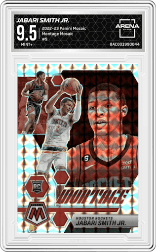 Jabari Smith Jr. from the 2022-23 Panini Mosaic set featuring a Mosaic parallel graded by Arena Club and given an overall grade of 9.5.