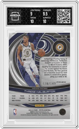 Tyrese Haliburton from the 2022-23 Panini Spectra set featuring a Celestial  parallel graded by Arena Club and given an overall grade of 9.5.