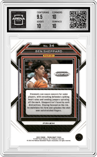 Ben Sheppard from the 2023-24 Panini Prizm Draft Picks set featuring a Gold Prizm parallel graded by Arena Club and given an overall grade of 10.