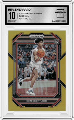 Ben Sheppard from the 2023-24 Panini Prizm Draft Picks set featuring a Gold Prizm parallel graded by Arena Club and given an overall grade of 10.