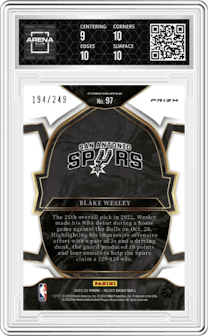 Blake Wesley from the 2022-23 Panini Select set featuring a Blue Scope parallel graded by Arena Club and given an overall grade of 9.5.