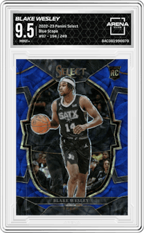 Blake Wesley from the 2022-23 Panini Select set featuring a Blue Scope parallel graded by Arena Club and given an overall grade of 9.5.