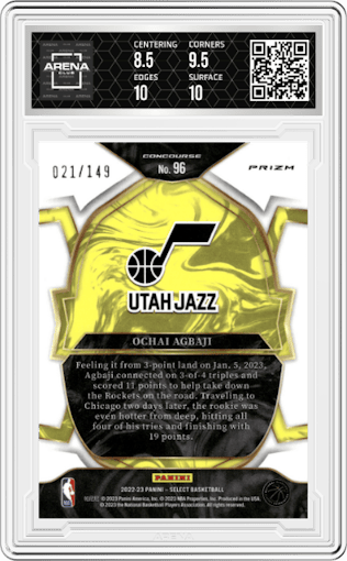 Ochai Agbaji from the 2022-23 Panini Select set featuring a White Prizm parallel graded by Arena Club and given an overall grade of 9.