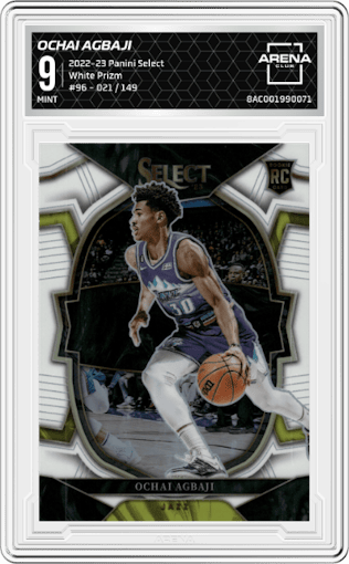 Ochai Agbaji from the 2022-23 Panini Select set featuring a White Prizm parallel graded by Arena Club and given an overall grade of 9.