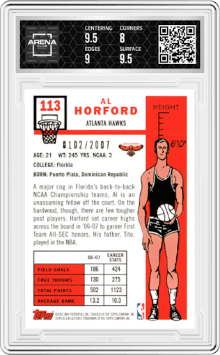 Al Horford from the 2007-08 Topps set featuring a Gold parallel graded by Arena Club and given an overall grade of 8.5.