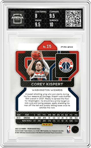 Corey Kispert from the 2021-22 Panini Prizm  set featuring a Silver Prizm parallel graded by Arena Club and given an overall grade of 8.5.