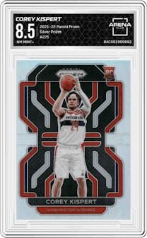 Corey Kispert from the 2021-22 Panini Prizm  set featuring a Silver Prizm parallel graded by Arena Club and given an overall grade of 8.5.