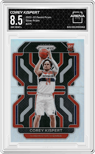 Corey Kispert from the 2021-22 Panini Prizm  set featuring a Silver Prizm parallel graded by Arena Club and given an overall grade of 8.5.