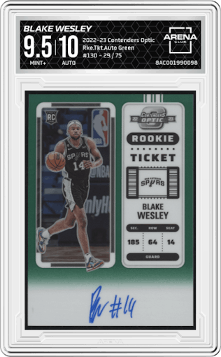 Blake Wesley from the 2022-23 Panini Contenders Optic set featuring a Green parallel graded by Arena Club and given an overall grade of 9.5.