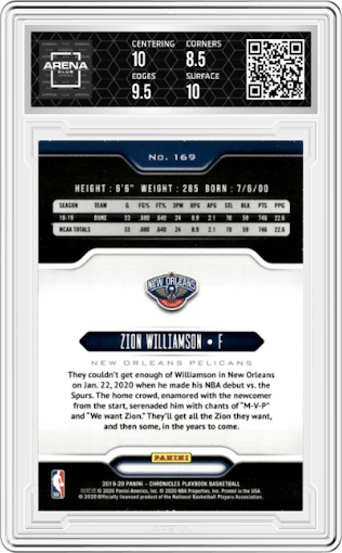 Zion Williamson from the 2019-20 Panini Chronicles  set graded by Arena Club and given an overall grade of 9.
