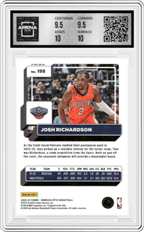  Josh Richardson from the 2022-23 Panini Donruss Optic  set featuring a Lucky Envelopes parallel graded by Arena Club and given an overall grade of 10.