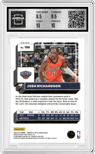  Josh Richardson from the 2022-23 Panini Donruss Optic  set featuring a Lucky Envelopes parallel graded by Arena Club and given an overall grade of 10.