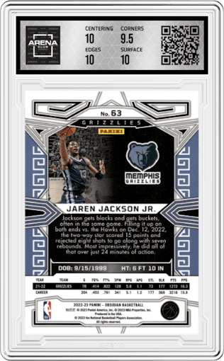 Jaren Jackson Jr. from the 2022-23 Panini Obsidian set featuring a Electric Etch Asia parallel graded by Arena Club and given an overall grade of 10.