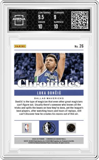 Luka Doncic from the 2022-23 Panini Chronicles  set featuring a Red parallel graded by Arena Club and given an overall grade of 9.5.