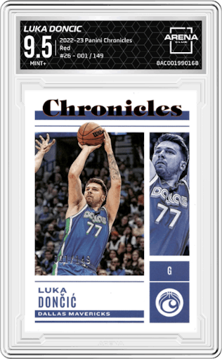 Luka Doncic from the 2022-23 Panini Chronicles  set featuring a Red parallel graded by Arena Club and given an overall grade of 9.5.