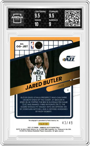 Jared Butler from the 2021-22 Panini Donruss Optic set graded by Arena Club and given an overall grade of 9.5.
