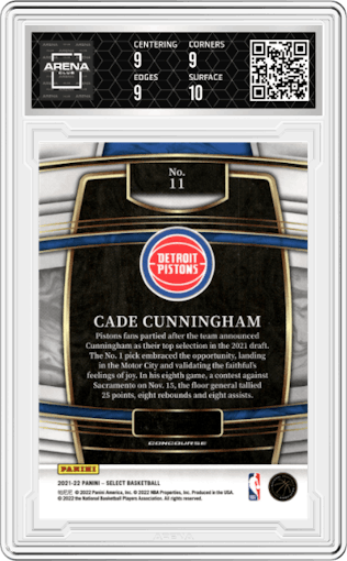 Cade Cunningham from the 2021-22 Panini Select set graded by Arena Club and given an overall grade of 9.5.
