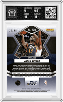 Jared Butler from the 2021-22 Panini Mosaic  set featuring a Purple Mosaic parallel graded by Arena Club and given an overall grade of 9.5.