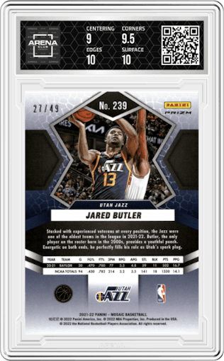Jared Butler from the 2021-22 Panini Mosaic  set featuring a Purple Mosaic parallel graded by Arena Club and given an overall grade of 9.5.