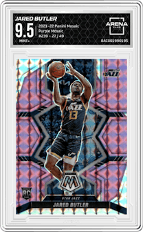 Jared Butler from the 2021-22 Panini Mosaic  set featuring a Purple Mosaic parallel graded by Arena Club and given an overall grade of 9.5.