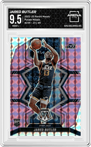 Jared Butler from the 2021-22 Panini Mosaic  set featuring a Purple Mosaic parallel graded by Arena Club and given an overall grade of 9.5.