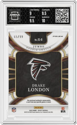 Drake London from the 2022 Panini Select set graded by Arena Club and given an overall grade of 9.5.