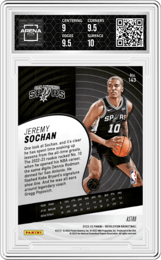 Jeremy Sochan from the 2022-23 Panini Revolution  set featuring a Astro parallel graded by Arena Club and given an overall grade of 9.5.
