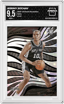 Jeremy Sochan from the 2022-23 Panini Revolution  set featuring a Astro parallel graded by Arena Club and given an overall grade of 9.5.