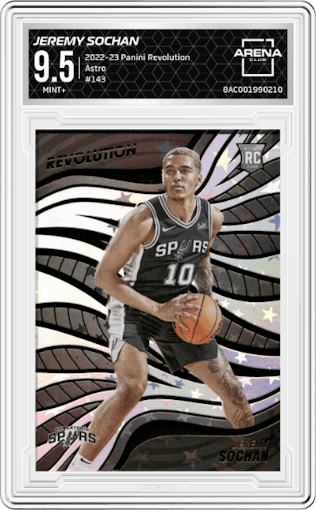 Jeremy Sochan from the 2022-23 Panini Revolution  set featuring a Astro parallel graded by Arena Club and given an overall grade of 9.5.