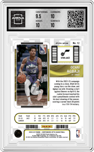 Ochai Agbaji from the 2022-23 Panini Contenders Optic set featuring a Red parallel graded by Arena Club and given an overall grade of 10.