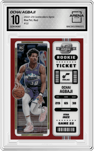 Ochai Agbaji from the 2022-23 Panini Contenders Optic set featuring a Red parallel graded by Arena Club and given an overall grade of 10.