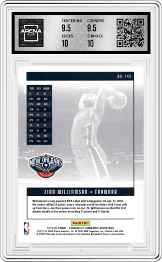 Zion Williamson from the 2019-20 Panini Chronicles  set graded by Arena Club and given an overall grade of 10.