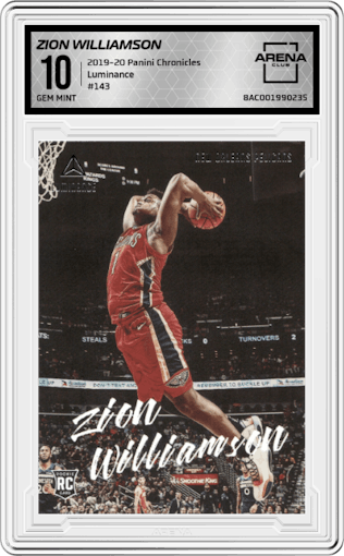 Zion Williamson from the 2019-20 Panini Chronicles  set graded by Arena Club and given an overall grade of 10.