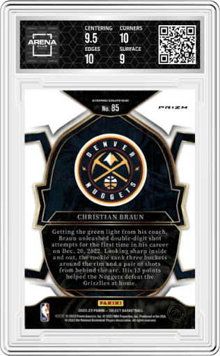 Christian Braun from the 2022-23 Panini Select set featuring a Green/White/Purple Prizm parallel graded by Arena Club and given an overall grade of 9.5.