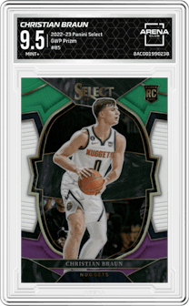 Christian Braun from the 2022-23 Panini Select set featuring a Green/White/Purple Prizm parallel graded by Arena Club and given an overall grade of 9.5.