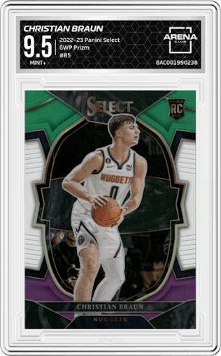 Christian Braun from the 2022-23 Panini Select set featuring a Green/White/Purple Prizm parallel graded by Arena Club and given an overall grade of 9.5.