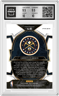 Christian Braun from the 2022-23 Panini Select set featuring a Silver Prizm parallel graded by Arena Club and given an overall grade of 10.