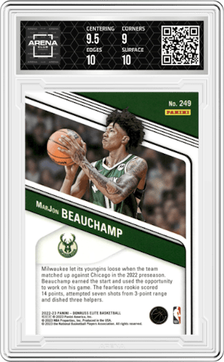 MarJon Beauchamp from the 2022-23 Donruss Elite set featuring a Asia Hyper Red parallel graded by Arena Club and given an overall grade of 9.5.