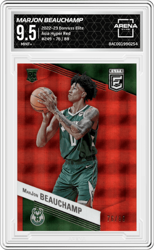 MarJon Beauchamp from the 2022-23 Donruss Elite set featuring a Asia Hyper Red parallel graded by Arena Club and given an overall grade of 9.5.
