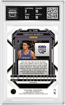 Keegan Murray from the 2022-23 Panini Prizm  set featuring a Ruby Wave parallel graded by Arena Club and given an overall grade of 9.5.