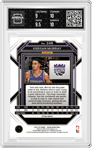 Keegan Murray from the 2022-23 Panini Prizm  set featuring a Ruby Wave parallel graded by Arena Club and given an overall grade of 9.5.