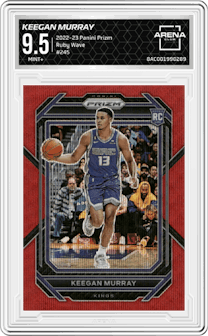 Keegan Murray from the 2022-23 Panini Prizm  set featuring a Ruby Wave parallel graded by Arena Club and given an overall grade of 9.5.