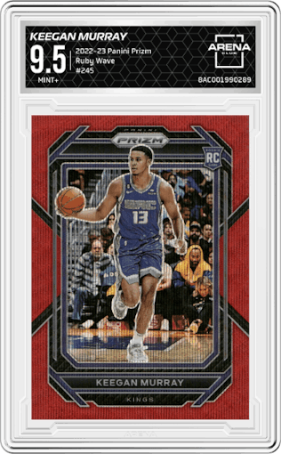 Keegan Murray from the 2022-23 Panini Prizm  set featuring a Ruby Wave parallel graded by Arena Club and given an overall grade of 9.5.